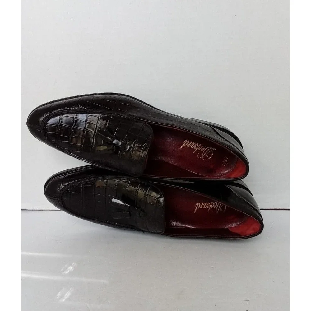 Deckard Mens Croc Embossed Leather Tassel Loafers Dark Brown Dress Shoes